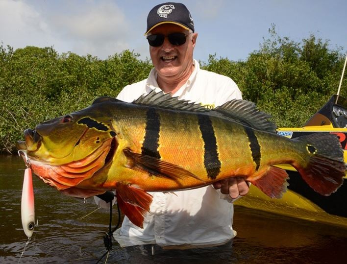 Msn in a cap showing a beautiful peacock bass he caught on Amazon Xplor